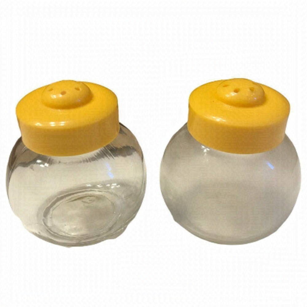 Small Clear‎ Glass Round Yellow Plastic Lidded Salt and Pepper Shakers